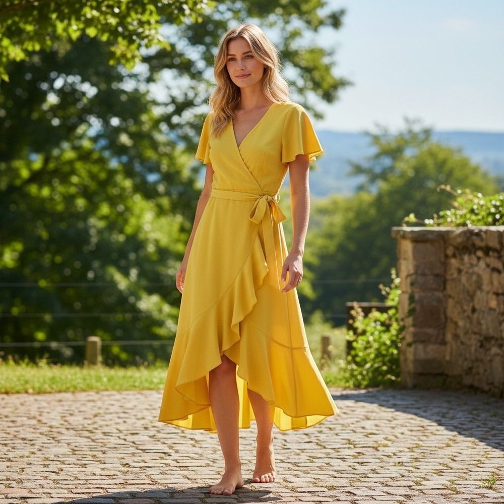 Laundry by Shelli Segal High Low Dress Womens 8 Yellow Ruffle NWT $148